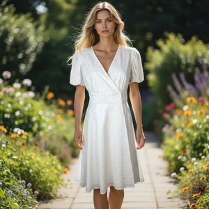 White Eyelet Wrap Dress with Full Skirt